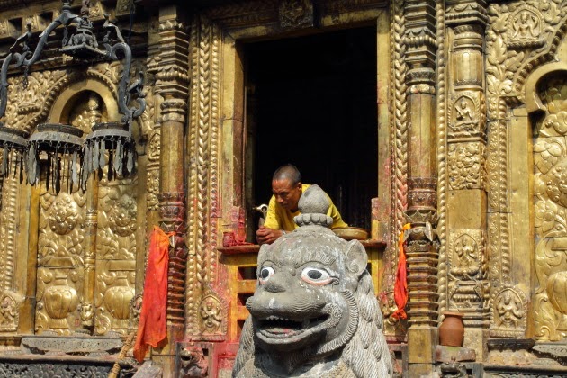 Hindu priest at the entrance of Changgu Narayan Temple, Nepal