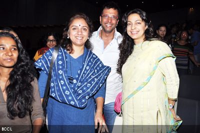 (L-R) Talented actors Tannishtha Chatterjee, Revathy, Javed Jaffrey and Juhi Chawla seen having a great time at the special screening of the play 'Blame It On Yashraj', held at St. Andrews auditorium in Mumbai. 