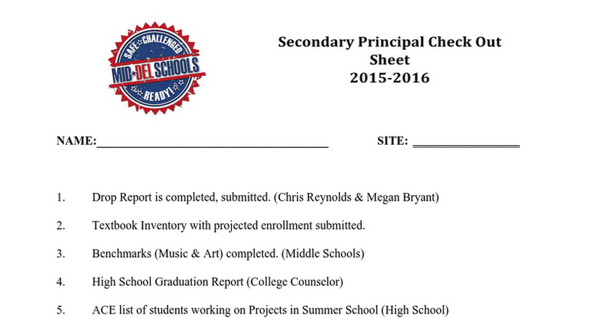 Principal Check Out Sheet-Secondary