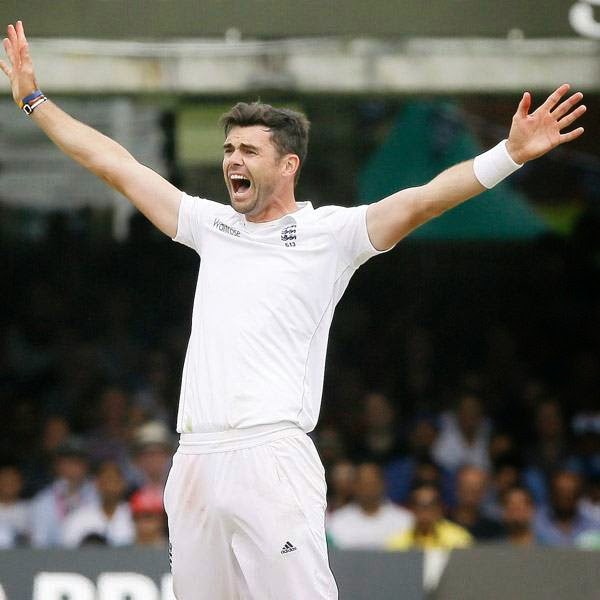 England's James Anderson appeals unsuccessfully during the fourth day of the second test match between England and India at Lord's cricket ground in London, Sunday, July 20, 2014. 