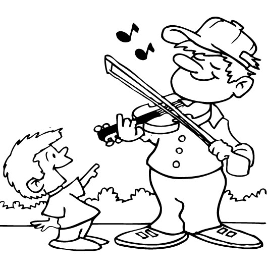 Papá enseñando violin a su hijo para colorear