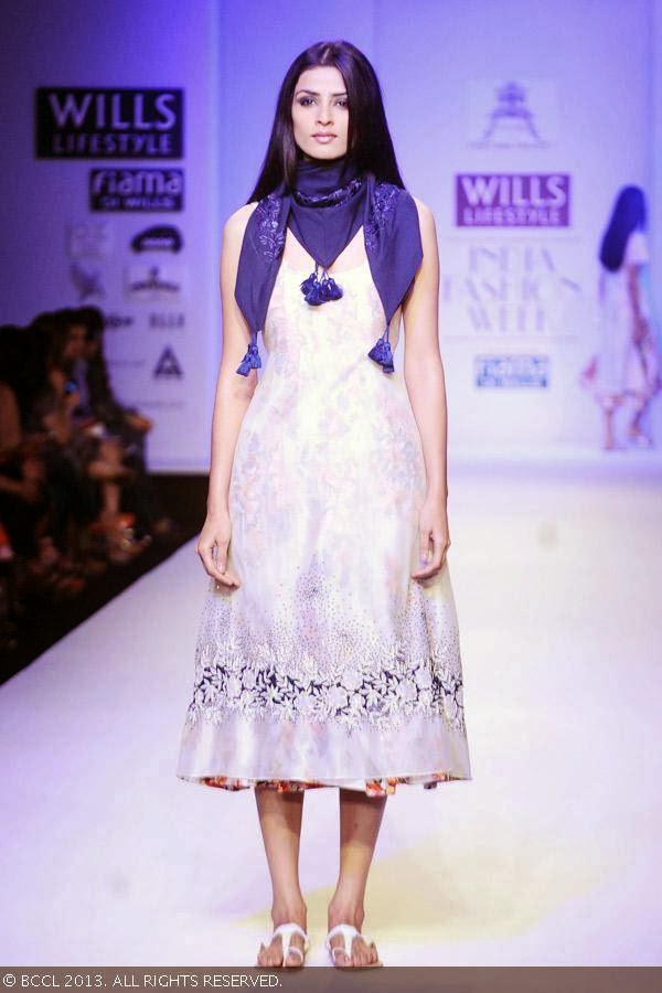 A model walks the ramp for fashion designer Pratima Pandey on Day 3 of the Wills Lifestyle India Fashion Week (WIFW) Spring/Summer 2014, held in Delhi.