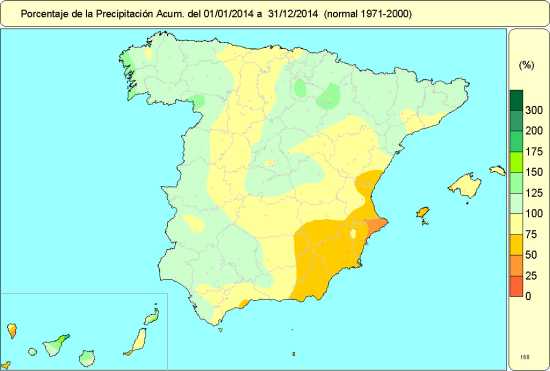2014 fue extremadamente cálido (el 2º más elevado de la serie) y ligeramente húmedo en España
