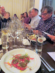 Portland Food Adventures dinner with Chef Ben Bettinger 2/05/2015, Coffee Rubbed Beef Carpaccio with Oregon truffles, Grana Padano, and pickled onions, which were paired with 2013 Schloss Gobelsbuerg Gruner Veltliner from Austria