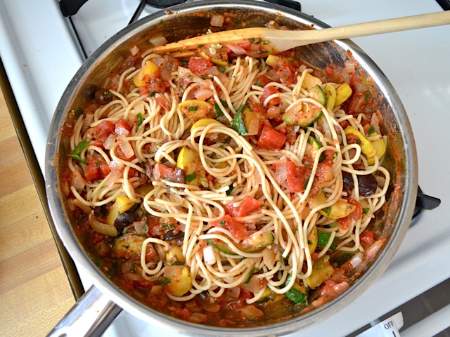 Cooked pasta added to skillet 