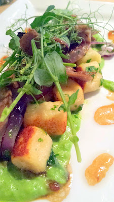 You can go fancy with the Little Bird Dumpling Week dish of Goat cheese gnocchi with mashed English peas, lamb tongue, pea tendrils and fresh Oregon truffles
