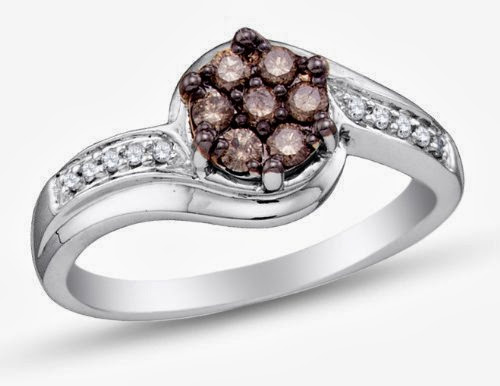 Size 7.5 - 10K White Gold Channel Set Round Brilliant Cut Chocolate Brown and White Diamond Engagement Ring OR Fashion Band - Flower Shape Center Setting - (1/3 cttw.)