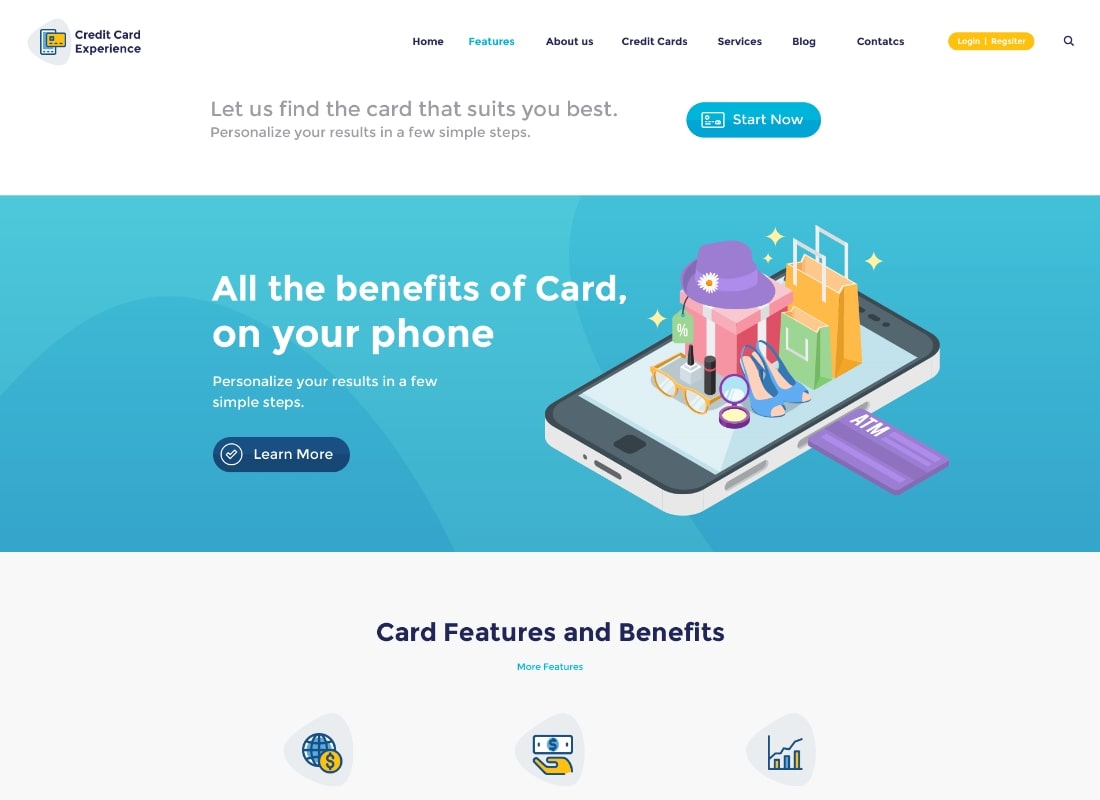 Experiencia con tarjetas de crédito |  Tema de WordPress para empresas de préstamos y banca en línea