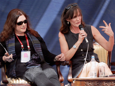 Novelist Zoe Hiller and Rachel Dwyer during a session at Jaipur Literature Festival in Jaipur.