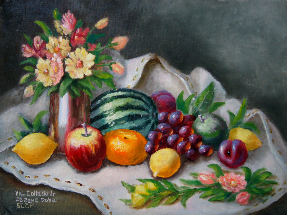 Classical Realism by Vicente Collado Jr.: Still Life with Fruits and Flowers