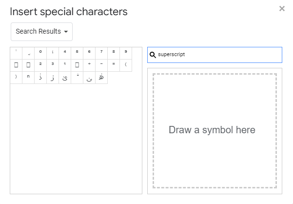 searching for superscript symbols in special characters in google docs