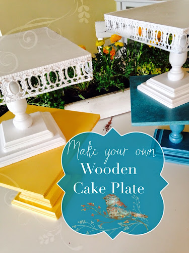 Make your own wooden cake plate, cake plate tutorial, white yellow Turqoise cake plates 