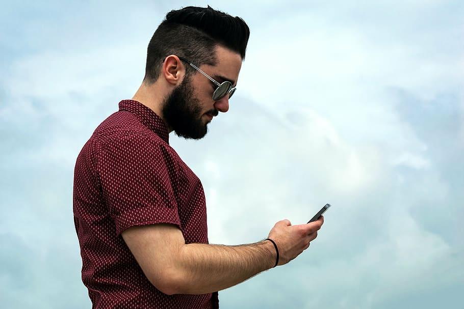 man holding smartphone, phone, cell, customer service, contact us, model, hipster, mobile, telephone, communication