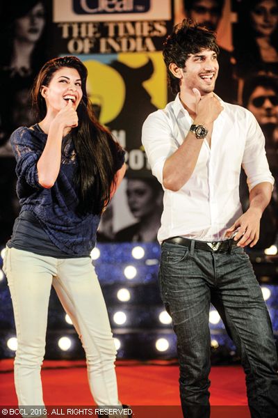 Jacqueline Fernandez and Sushant Singh Rajput   in a playful mood at the Clean & Clear Times of India Fresh Face 2012 finale in Mumbai.