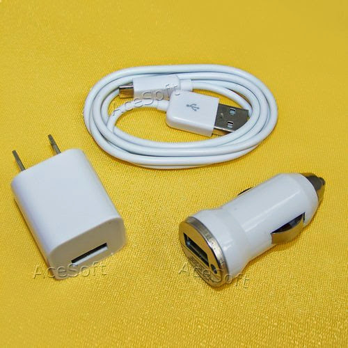  3 in 1 LG Optimus Showtime L86C/L86G White 3ft micro USB 2-n-1 1000mAh Car Charger with USB Port,Wall Dock Charger,flat Data Sync Cable