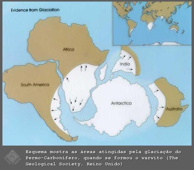 Desenho esquemático mostrando a união dos continentes formando o super continente Gondwana hámais de 240 milhões de anos. Juntos eles passaram por um período glacial. 
