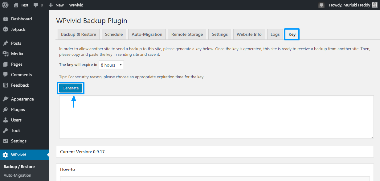 gerando chave de migração do plugin de backup wpvivid
