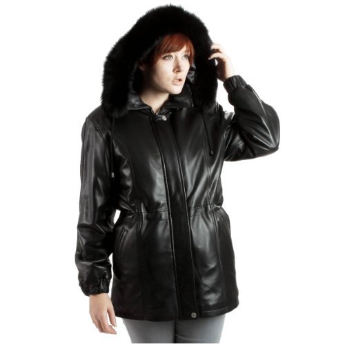 United Face Womens Black Fox Fur Trim Hooded Leather Coat, Black, X-Large