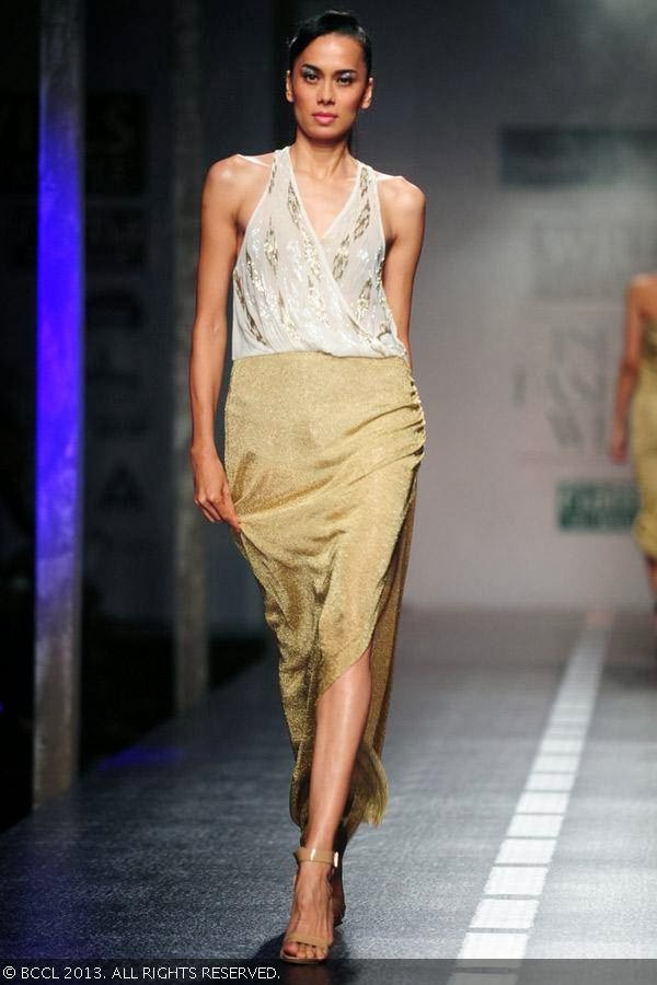 Sonalika flaunts a creation by fashion designer Namrata Joshipura on Day 3 of Wills Lifestyle India Fashion Week (WIFW) Spring/Summer 2014, held in Delhi.