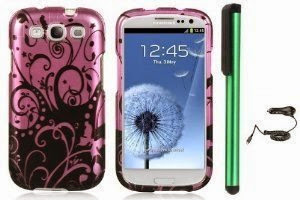  SAMSUNG GALAXY S III S3 combination - Premium Pretty Design Protector Hard Cover Case / Car Charger / 1 of New Assorted Color Metal Stylus Touch Screen Pen (Purple Black Flower Vine Swirl)