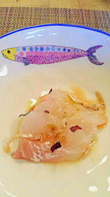 Sea Bream Sashim with citrus, skin salad and water pepper, Nodoguro August themed pop-up- Haruki Murakami 8/12/2014