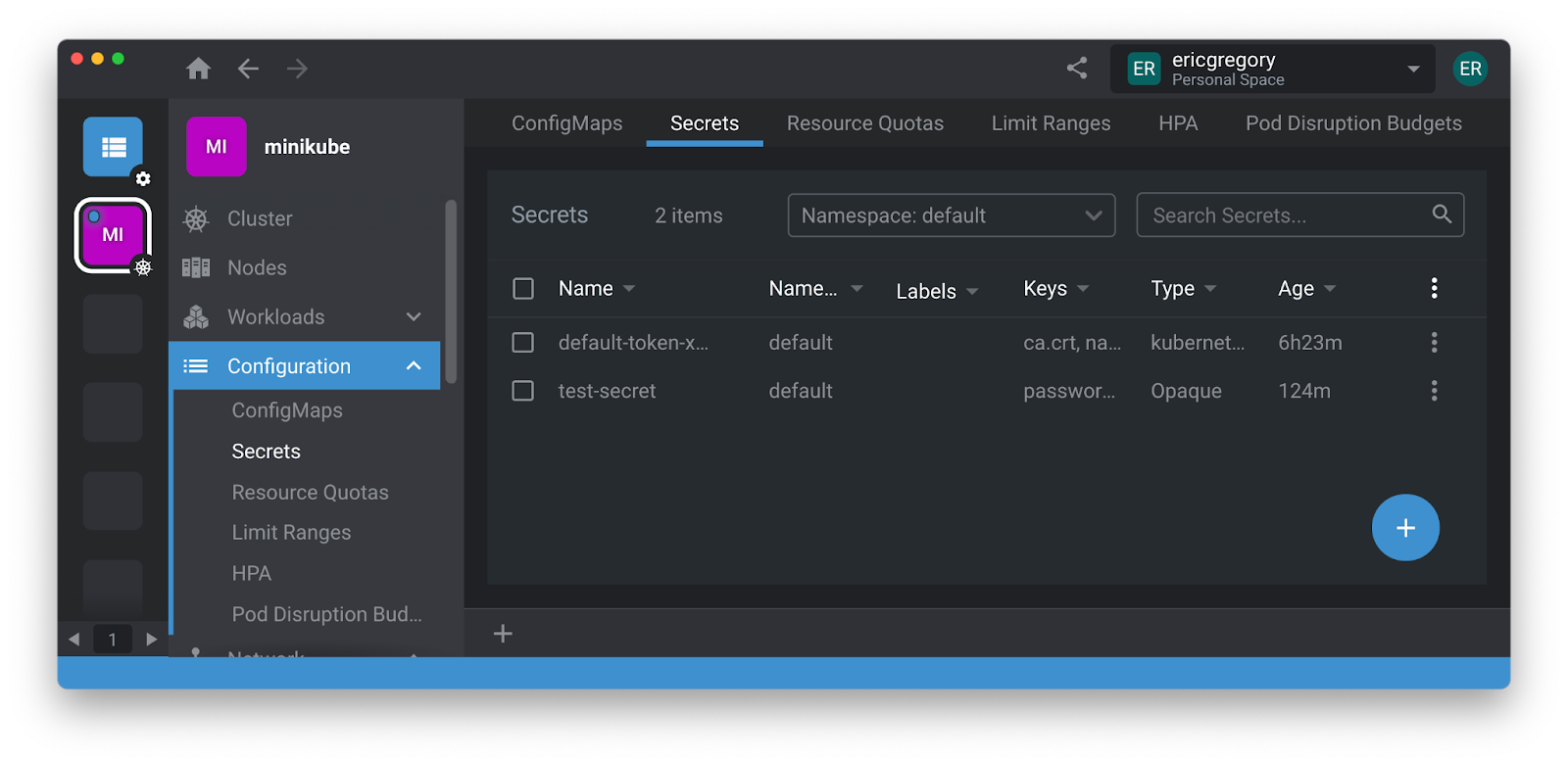 secrets tab under configuration