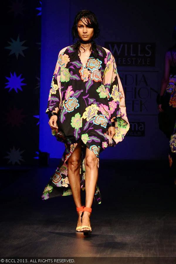 Nethra showcases a creation by designer duo Anna Plunkett and Luke Sales on Day 1 of Wills Lifestyle India Fashion Week (WIFW) Spring/Summer 2014, held in Delhi.