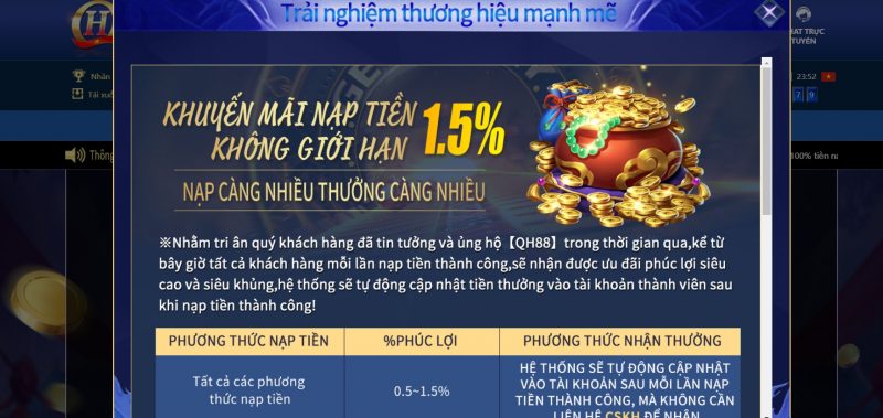 Nạp tiền không giới hạn tặng ngay 1,5%