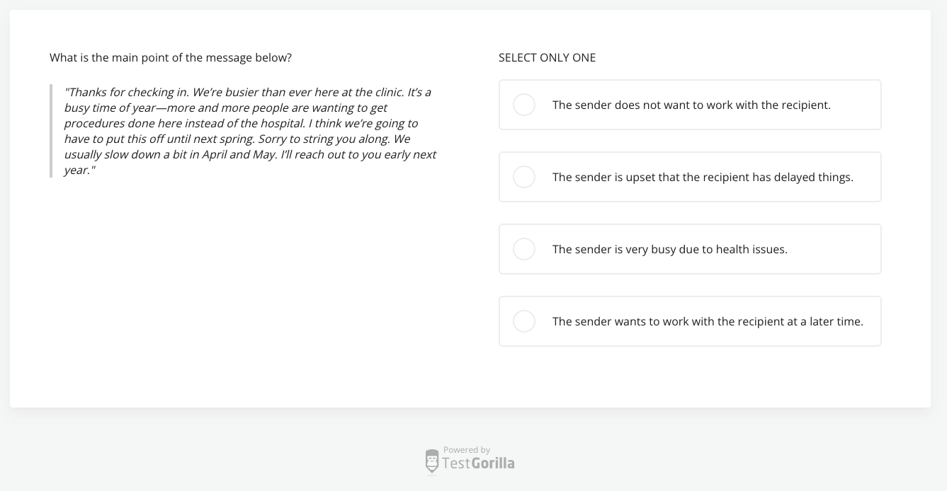 screenshot of TestGorilla's Communication Test