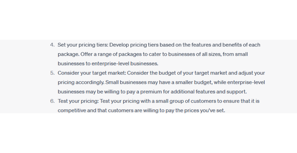 chatgpt prompt and response to create a pricing strategy continued