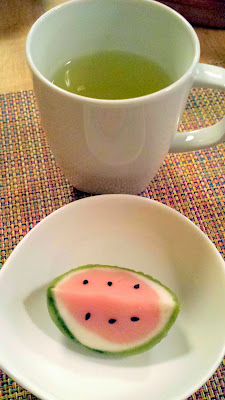 Watermelon Manju and Genmai matcha at Nodoguro August themed pop-up- Haruki Murakami 8/12/2014