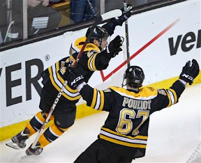 Chris Kelly and Benoit Pouliot celebrate Bruins overtime winning goal Chris Kelly and Benoit Pouliot celebrate Bruins overtime winning goal