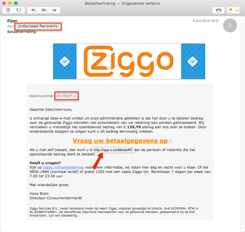 Fake Phishing mail uit naam van Ziggo