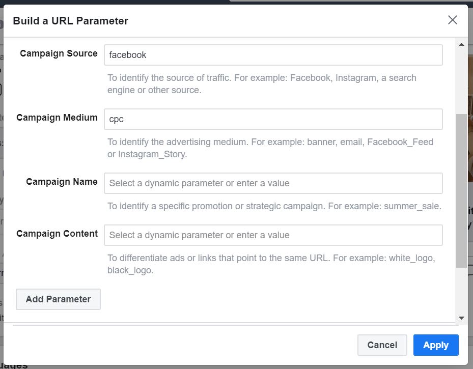 Screenshot of Facebook Build a URL parameter pop up with only Campaign Source and Campaign Medium filled in.