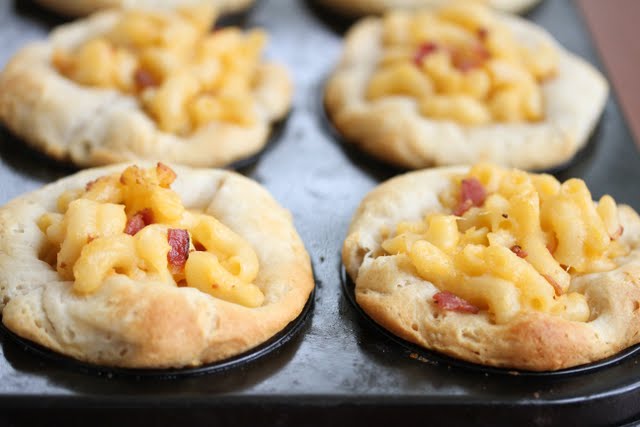 close-up photo of Mini Macaroni and Cheese Pies in a muffin pan