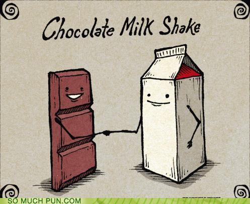 cartoon of chocolate bar and carton of milk shaking hands: chocolate milk shake
