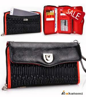 PU Leather Universal Phone Cover Women's Wallet Wrist-let fits Samsung I9003 Galaxy SL Case - BLACK & RED. Bonus Ekatomi Screen Cleaner