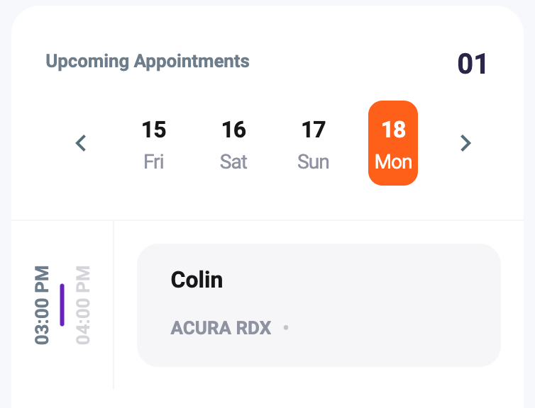 Upcoming appointment widget in auto repair shop software