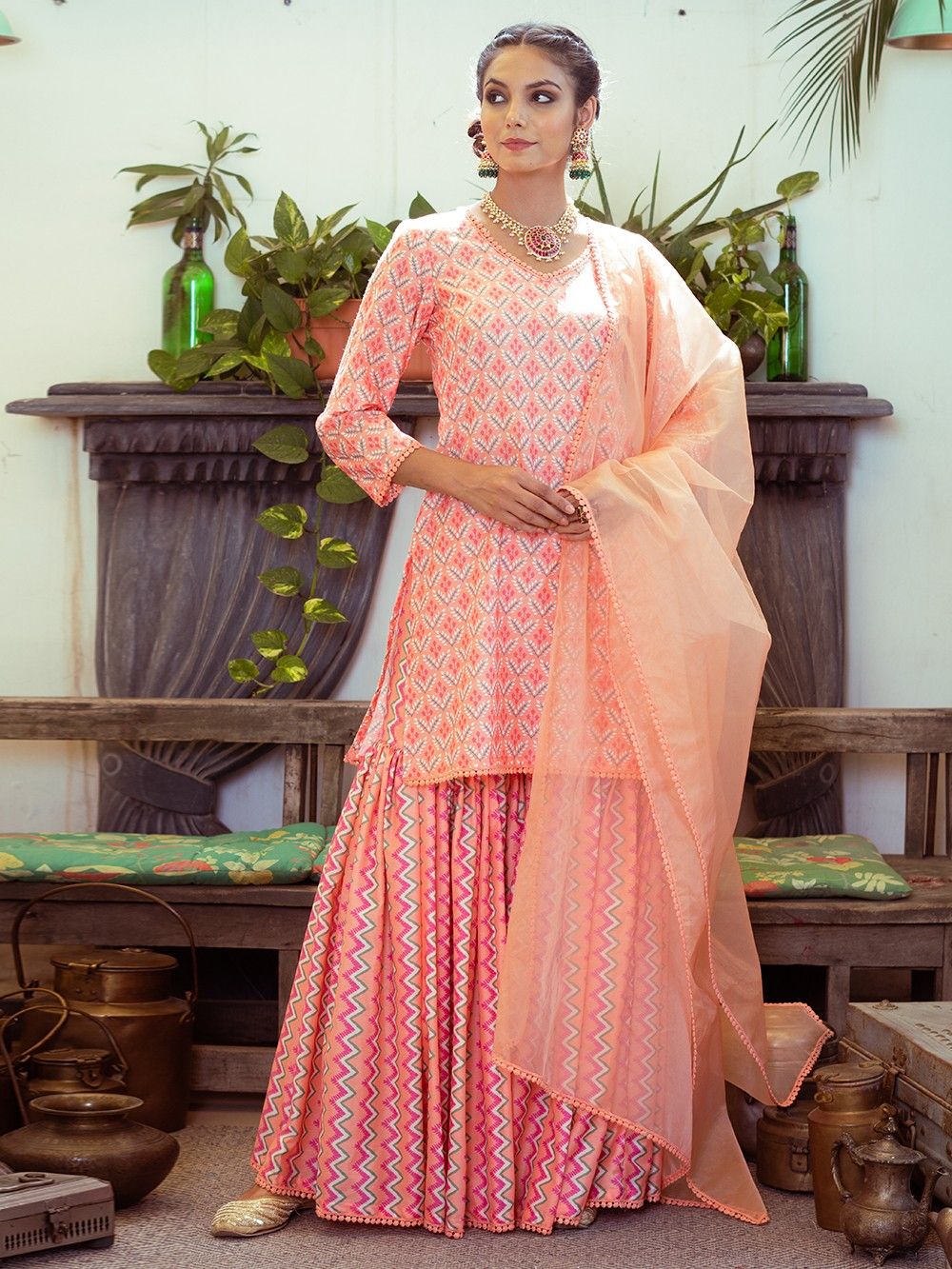 the loom - Peach Printed Muslin Short Kurta