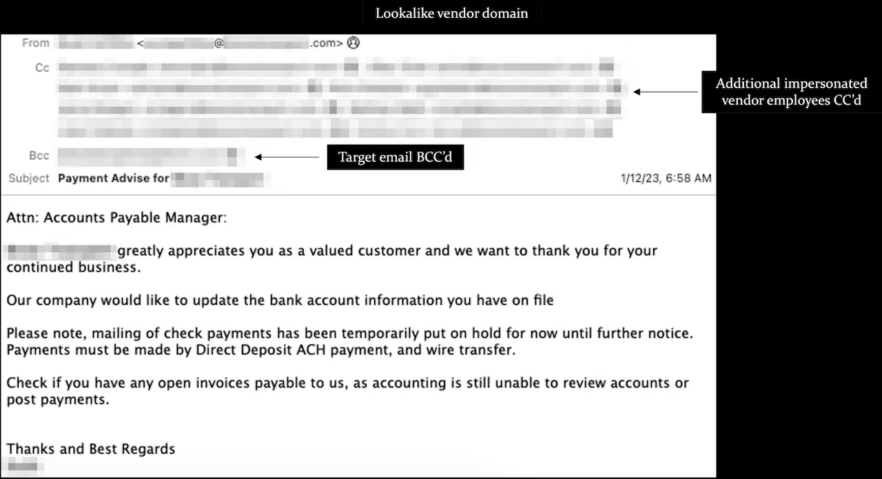 a phishing email used in BEC attacks