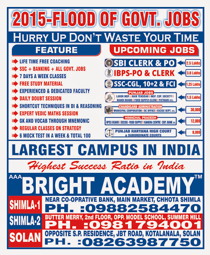 AAA-Bright Academy Bank po SBI po ssc POLICE coaching center in solan, AAA-Bright Academy, Sahni Complex, 3rd Floor,, Near Jogindra Central Co-Operative Bank, Rajgarh road, solan, Solan, Himachal Pradesh 173212, India, Coaching_Center, state HP