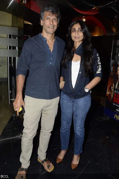 Milind Soman with a friend during the premiere of the movie 'David', held in Mumbai on January 31, 2013. (Pic: Viral Bhayani)