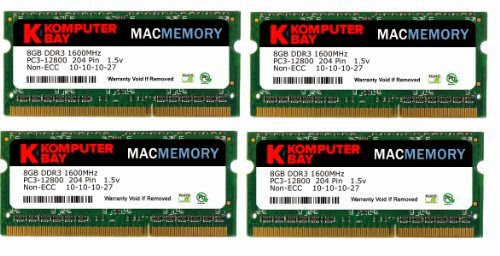  Komputerbay MACMEMORY 32GB (4x 8GB) PC3-12800 1600MHz SODIMM 204-Pin Laptop Memory 10-10-10-27 for Apple Mac