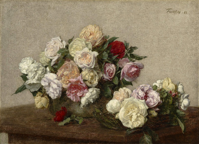 Fantin-LaTour, Roses in a bowl and dish
