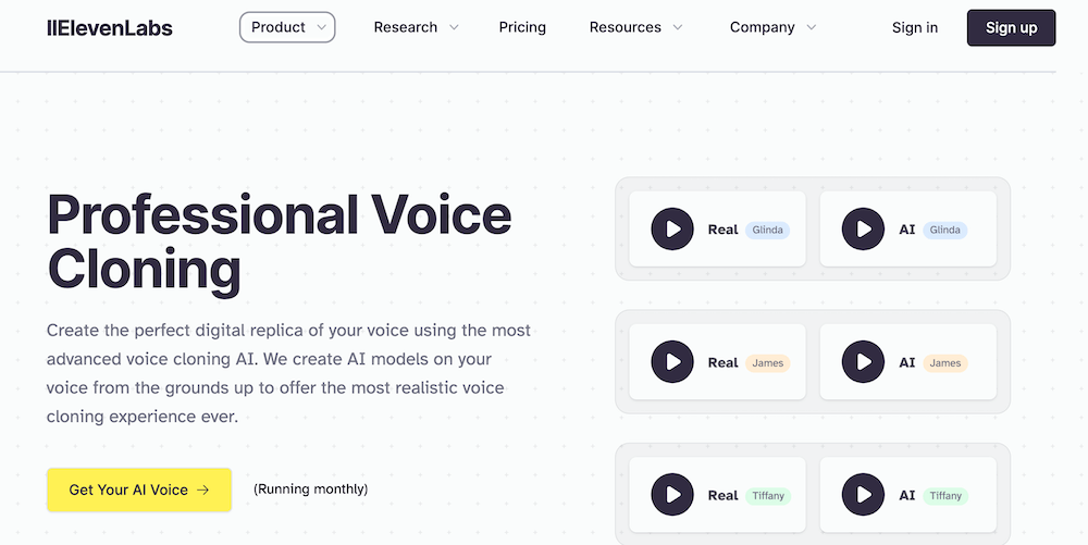 ElevenLabs Ai professional voice cloning. Homepage screenshot