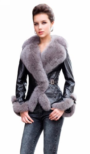 Queenshiny Long Women's 100% Real Sheep Leather Coat Jacket with Super Silver Fox Collar-Black-M(8-10)