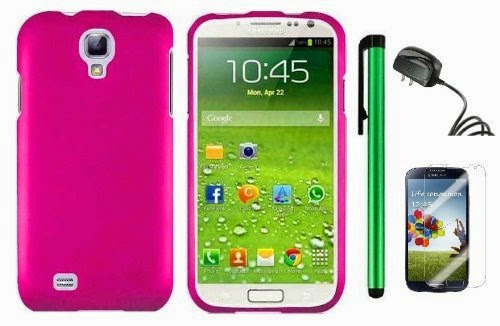  Samsung Galaxy S4 i9500 Accessory Combination - Premium Plain Color Protector Hard Cover Case / Screen Protector Film / Travel (Wall) Charger / 1 of New Metal Stylus Touch Screen Pen (Hot Pink)