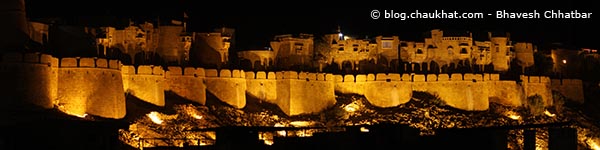 Panoramic view of the Fort of Jaisalmer illuminated at night in the royal style