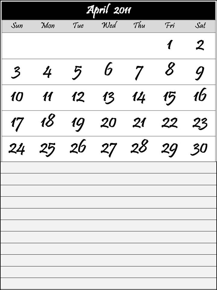 april 2011 calendar. Printable April 2011 Calendar