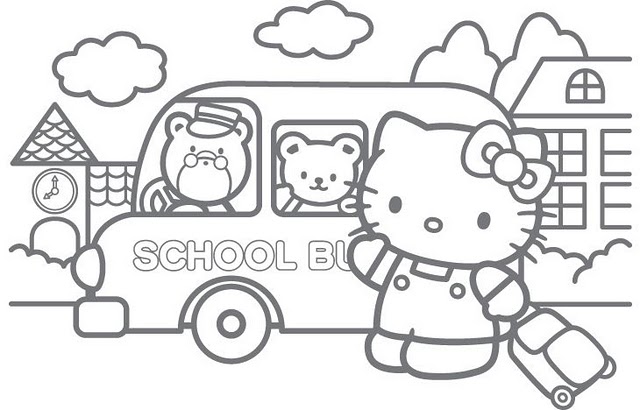 Hello Kitty and the bus, free coloring pages title=